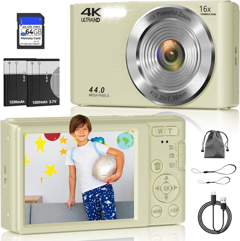 ceye Digital Camera, FHD 4K 44MP Digital Camera, 16X Digital Zoom, Digital Point and Shoot Camera with 3-LED Fill Lights, 64GB SD Card, Compact Camera for Kids Teen Boys Girls, Cream - Image 1